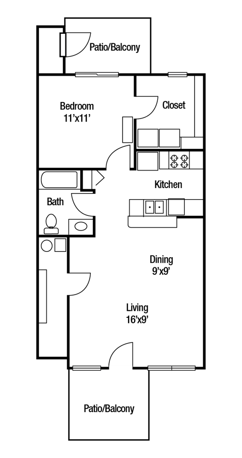 A floor plan of a house with a patio/balcony, bedroom, bathroom, kitchen, dining area, living room, and closet.